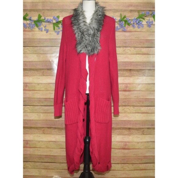 Jamie Gries Hot Pink Chunky Duster Cardigan Sweater Plus Size 1X Faux Fur Collar - Picture 3 of 12